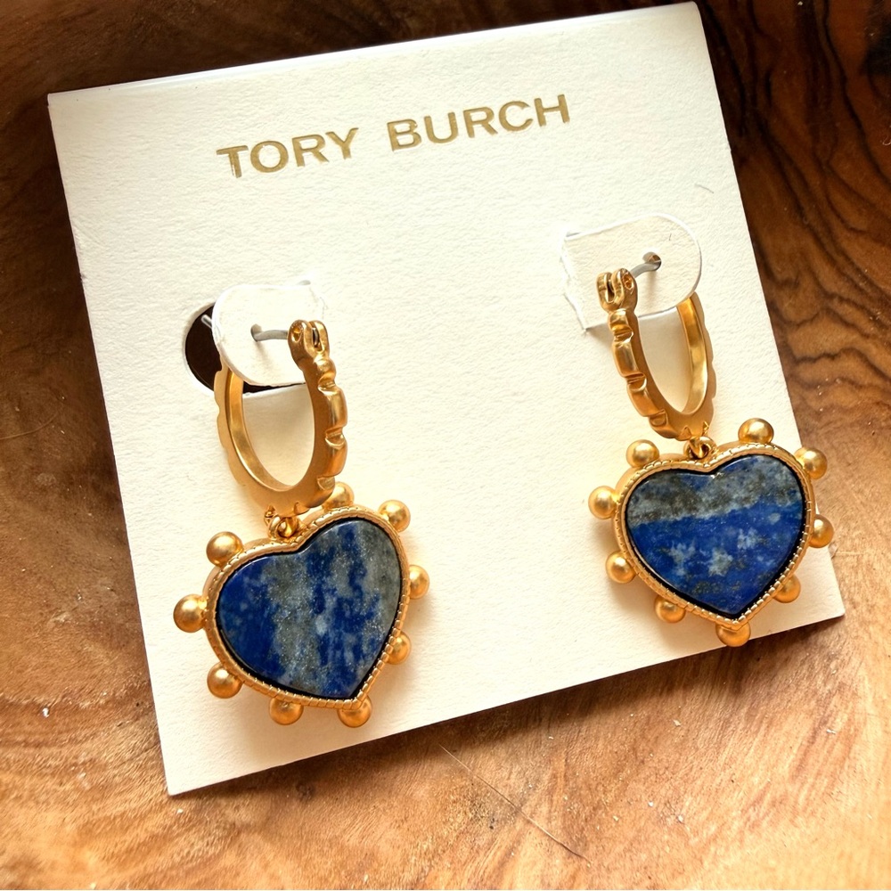 New Tory Burch Blue Gold Tone Heart Lapis Drop Earrings
